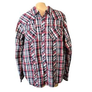 Red Snap Mens Plaid Long Sleeve Button‎ Shirt Red Black White XL Cotton Western